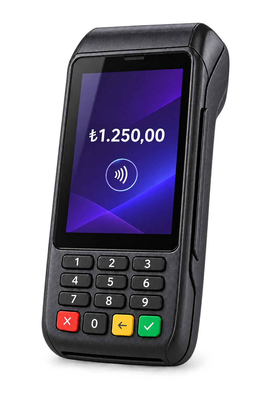 Posyeri.com POS terminali — ekranında ₺1.250 tutarında temassız ödeme bekleniyor
